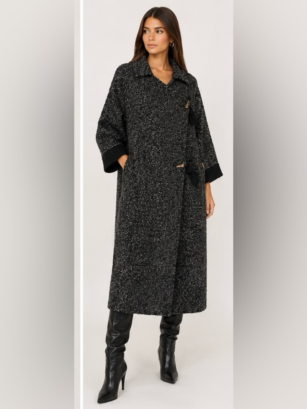 Lauren Vidal Black and Gray Bouclé Toggle Coat oversized